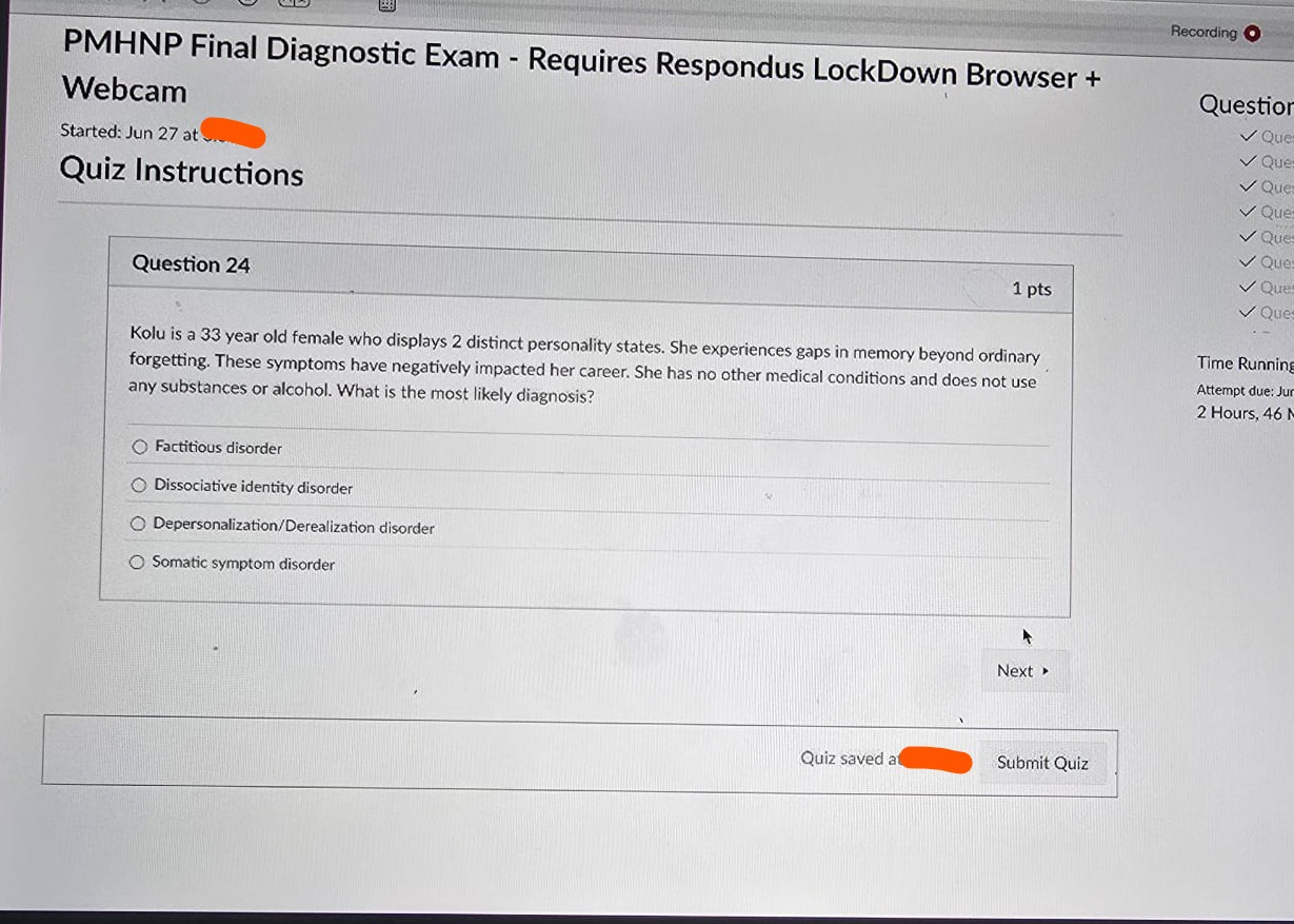 NR668 PMHNP Question Bank Final Diagnostic Exam 2026 Complete Answers: Respondus Lockdown and Webcam